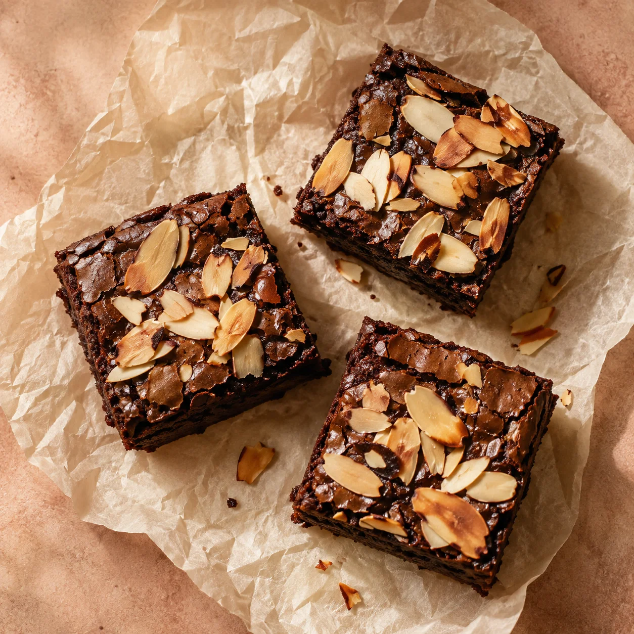 Ilustrasi tiga brownies dengan topping irisan almond panggang di atas kertas roti