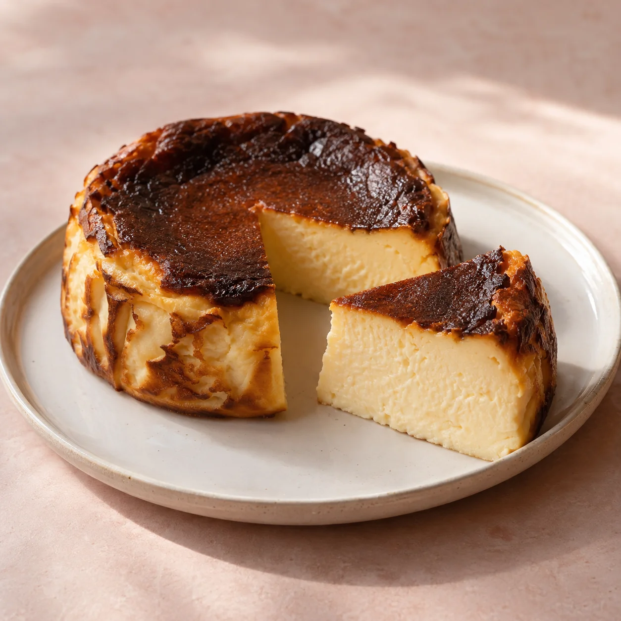 Ilustrasi Basque cheesecake berpermukaan karamel dengan satu potongan di piring