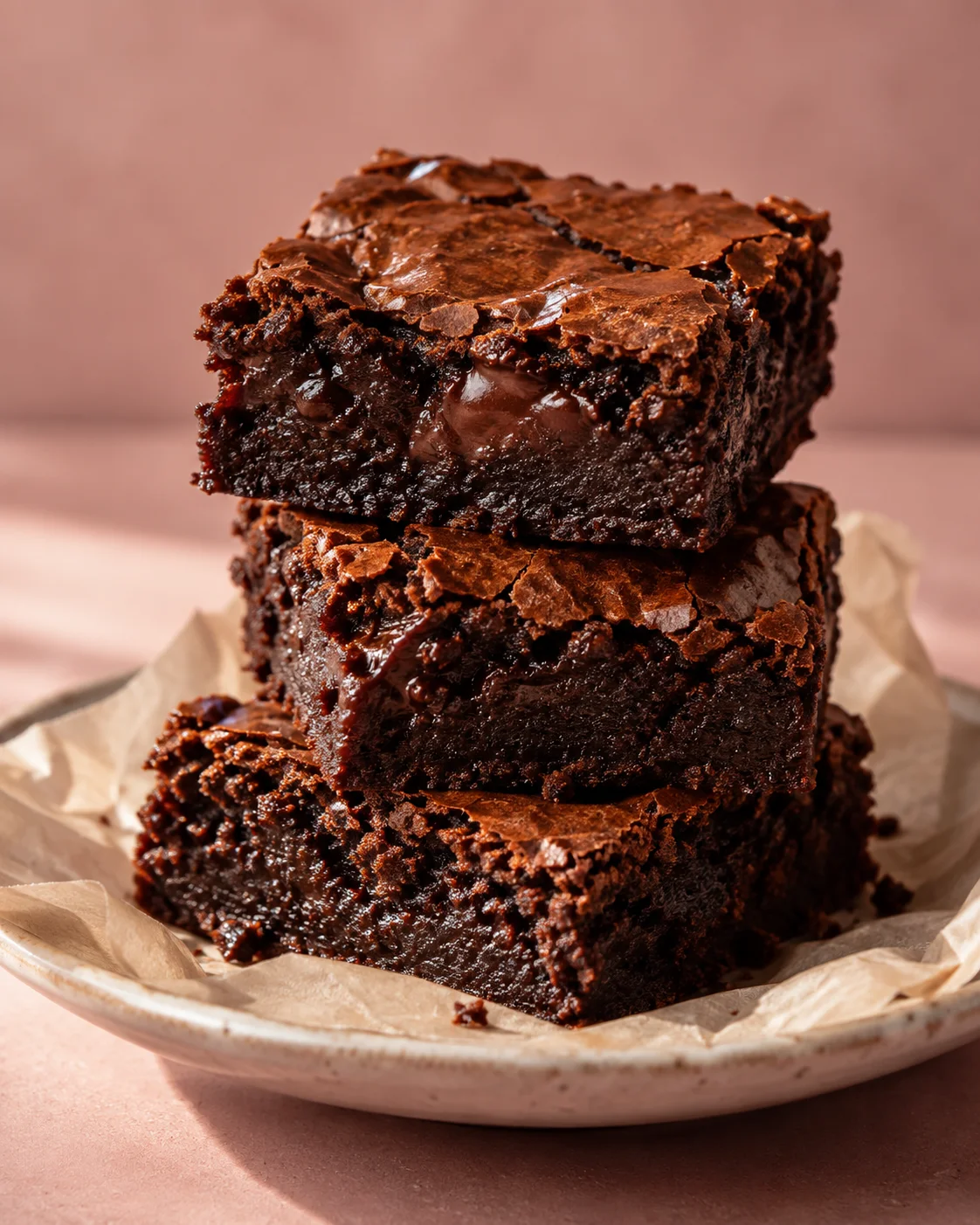 Ilustrasi brownies original bertumpuk dengan lapisan renyah dan bagian tengah fudgy