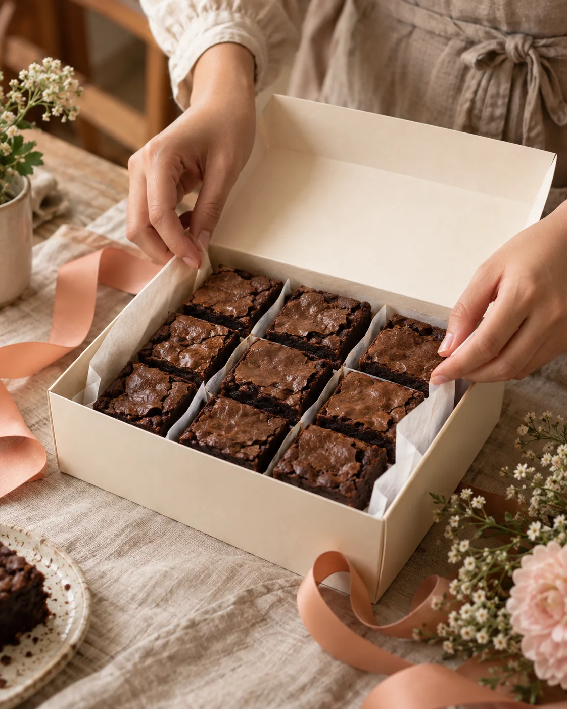 Ilustrasi kotak hadiah terbuka berisi brownies fudgy