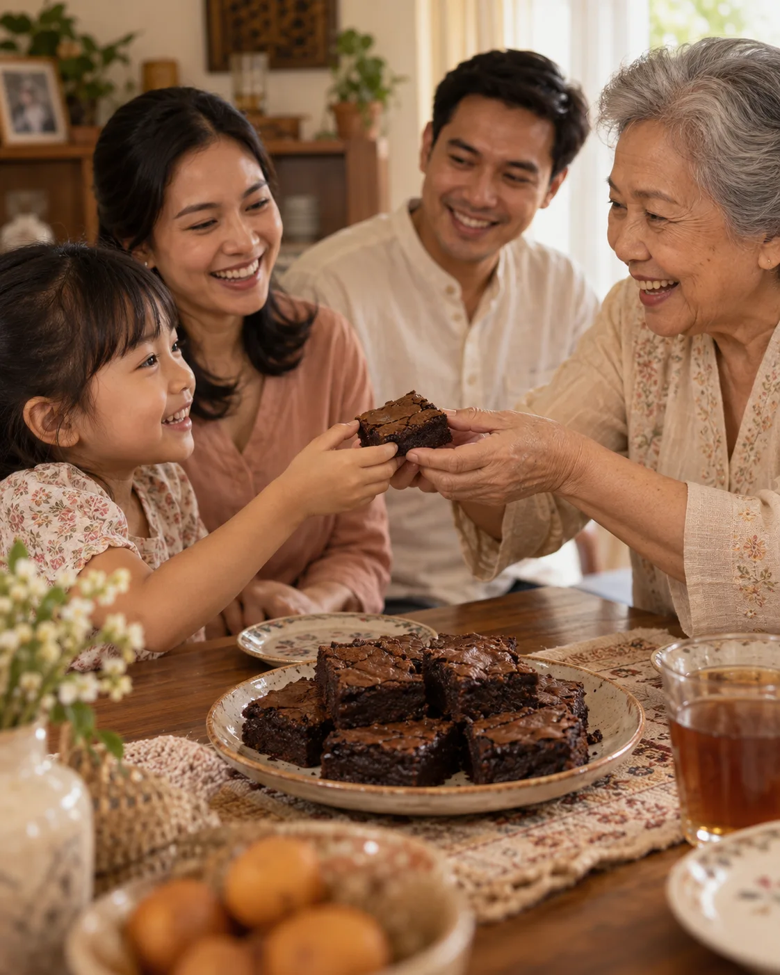 Ilustrasi nenek dan cucu menikmati brownies bersama keluarga