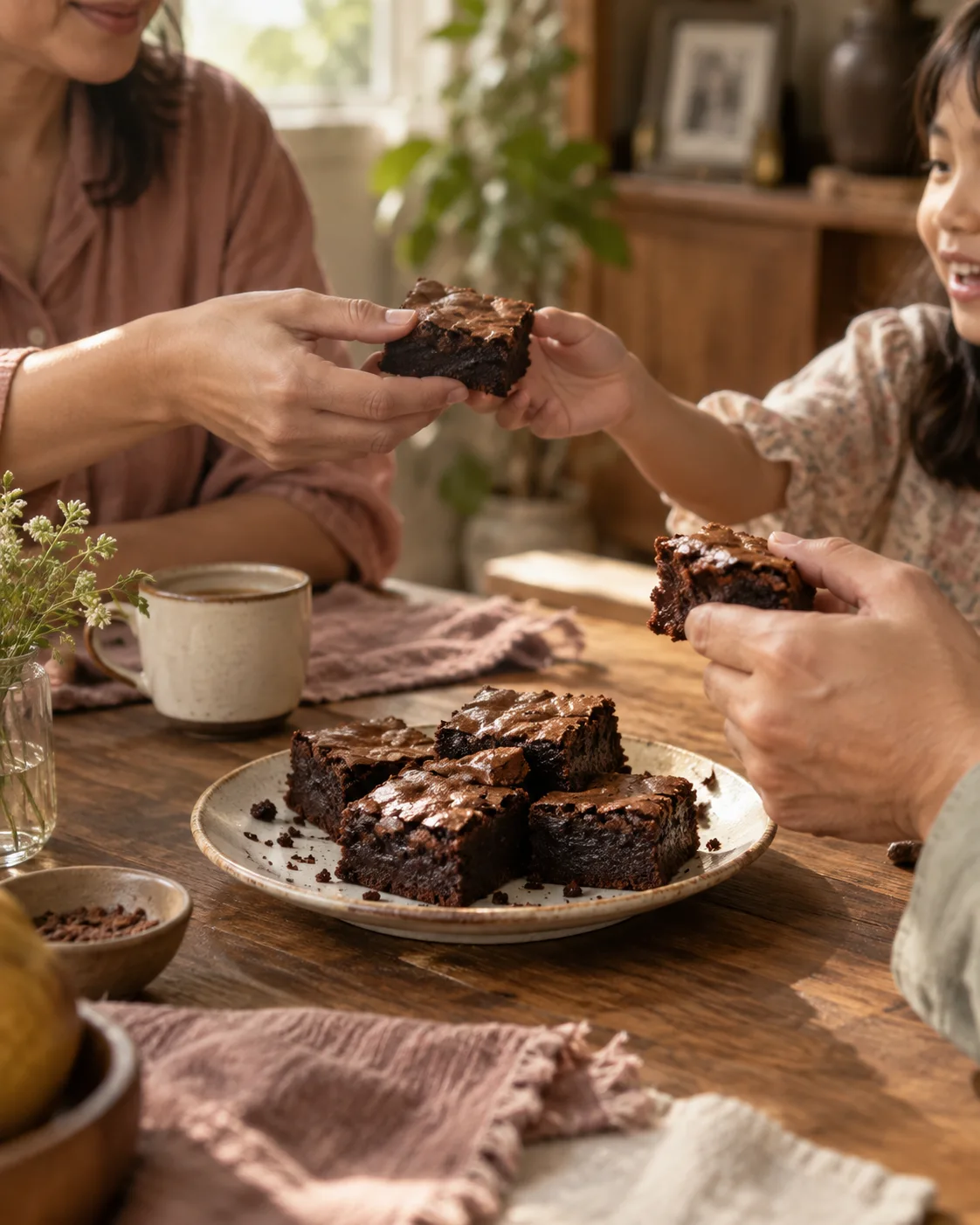 Ilustrasi keluarga berbagi potongan brownies fudgy di meja rumah