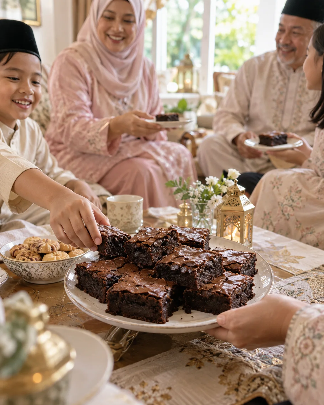 Ilustrasi keluarga menikmati brownies saat Lebaran