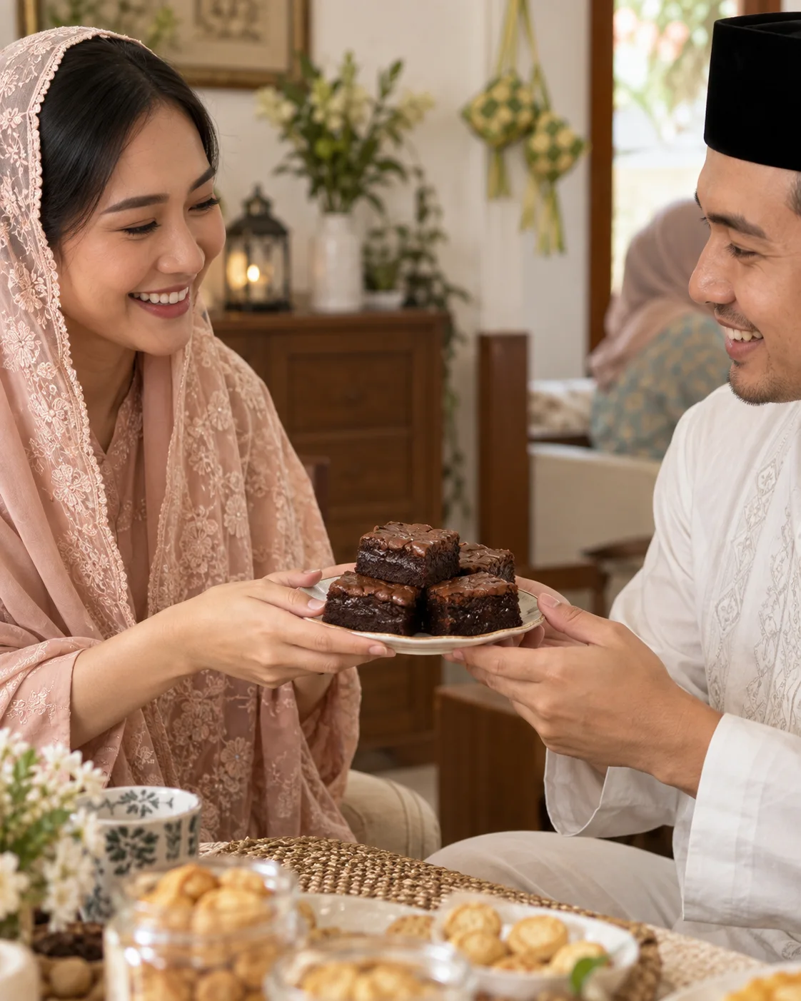 Ilustrasi keluarga berbagi brownies saat silaturahmi Lebaran