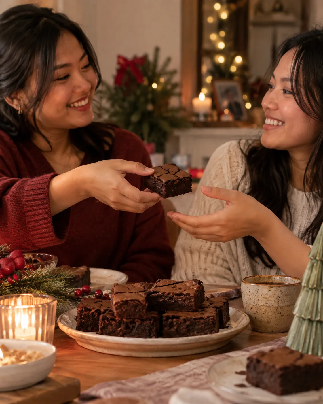 Ilustrasi teman-teman menikmati brownies dalam suasana Natal