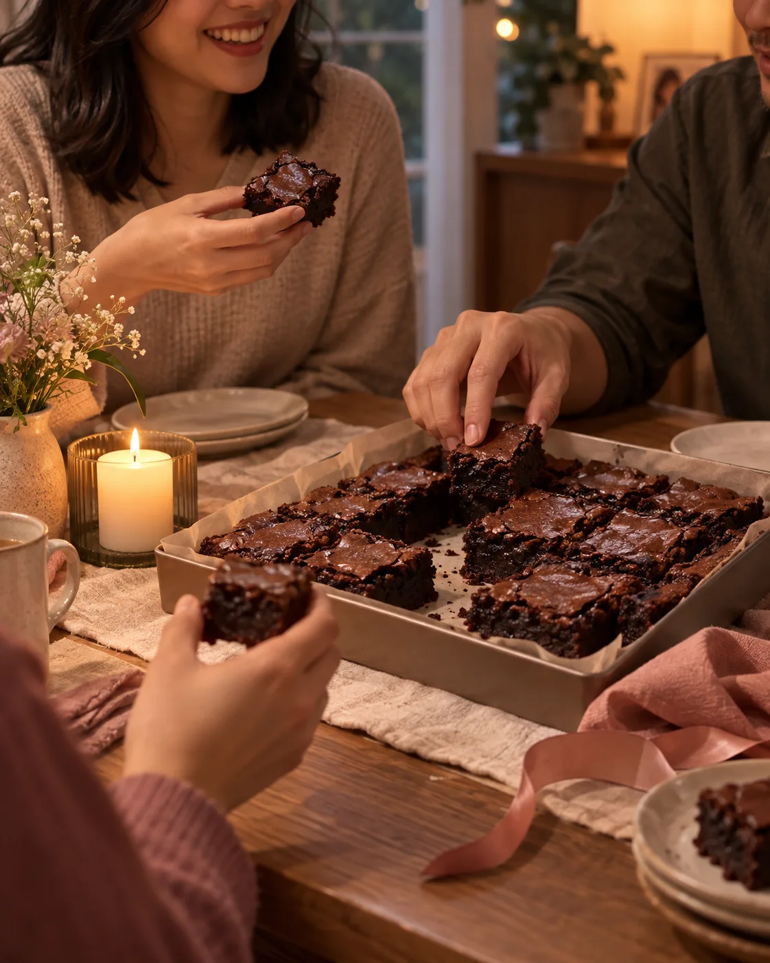 Ilustrasi perayaan kecil dengan brownies di atas meja dan lilin