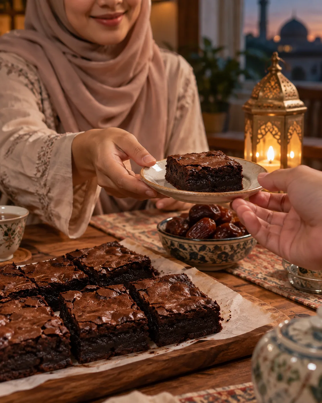 Ilustrasi brownies disajikan di meja saat berbuka
