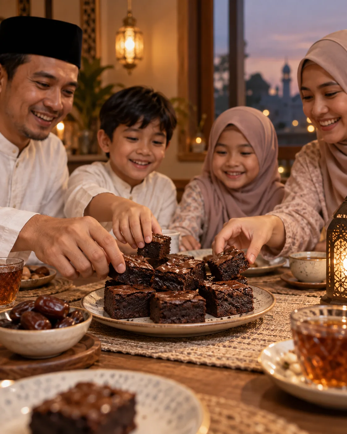 Ilustrasi keluarga berkumpul di meja berbuka dengan brownies