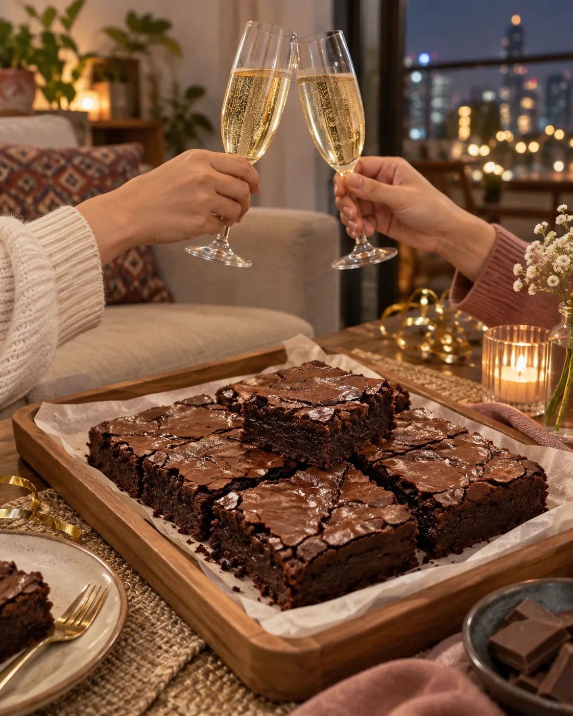 Ilustrasi teman-teman merayakan tahun baru dengan brownies