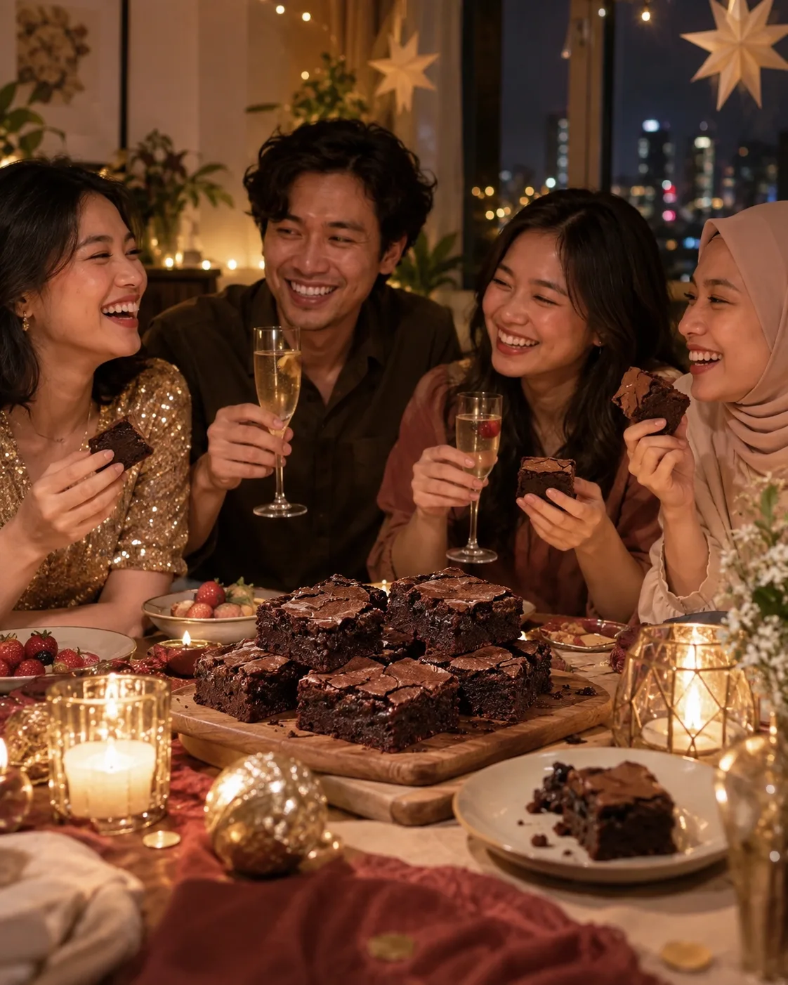 Ilustrasi teman-teman berkumpul dengan brownies pada malam tahun baru