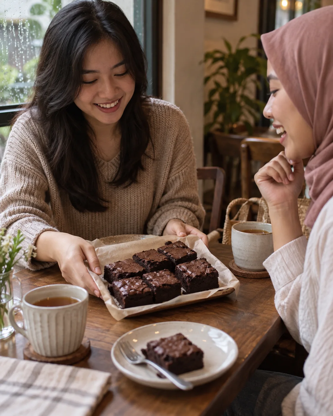 Ilustrasi dua sahabat berbagi brownies dan cerita