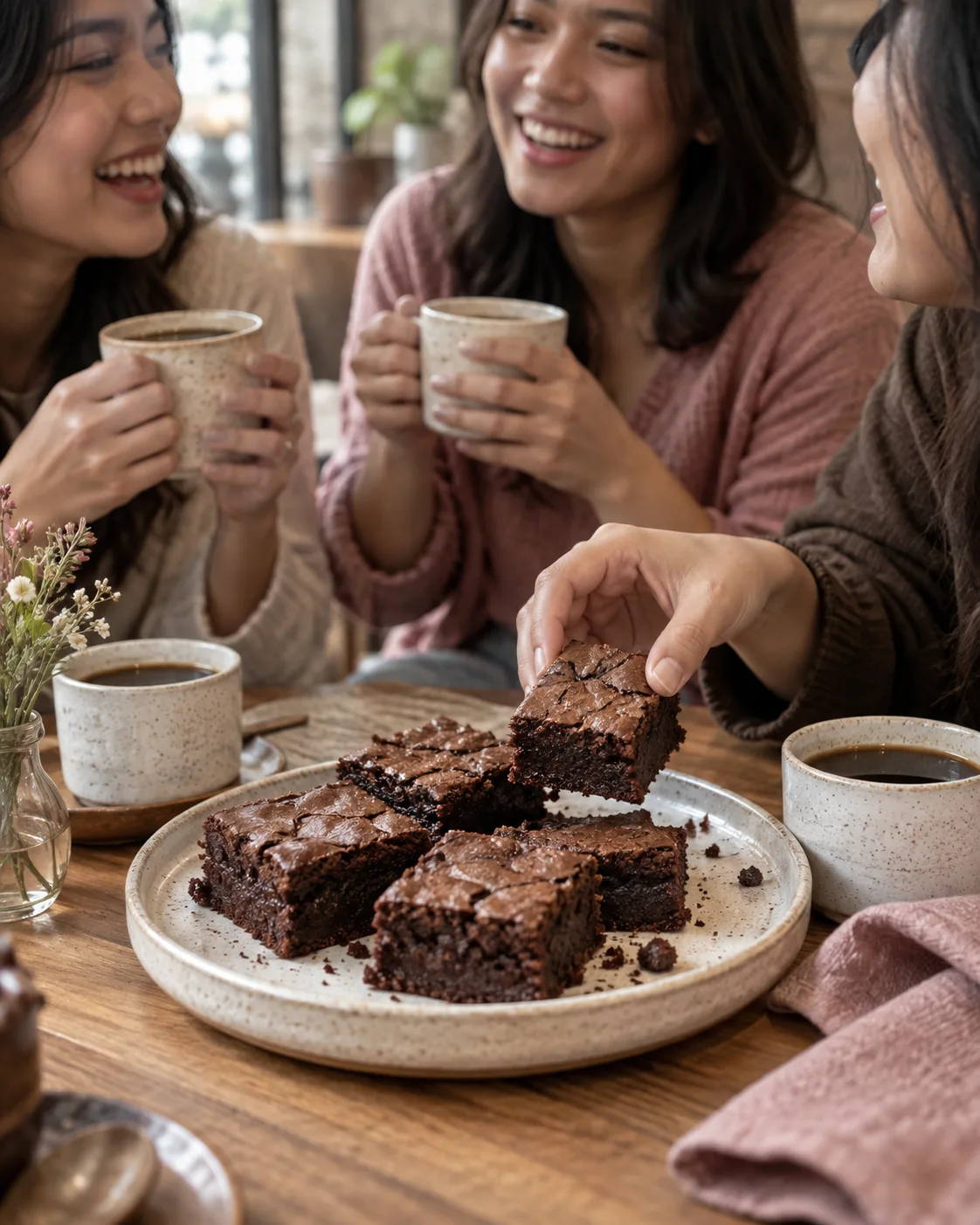 Ilustrasi tiga teman menikmati brownies dan minuman hangat